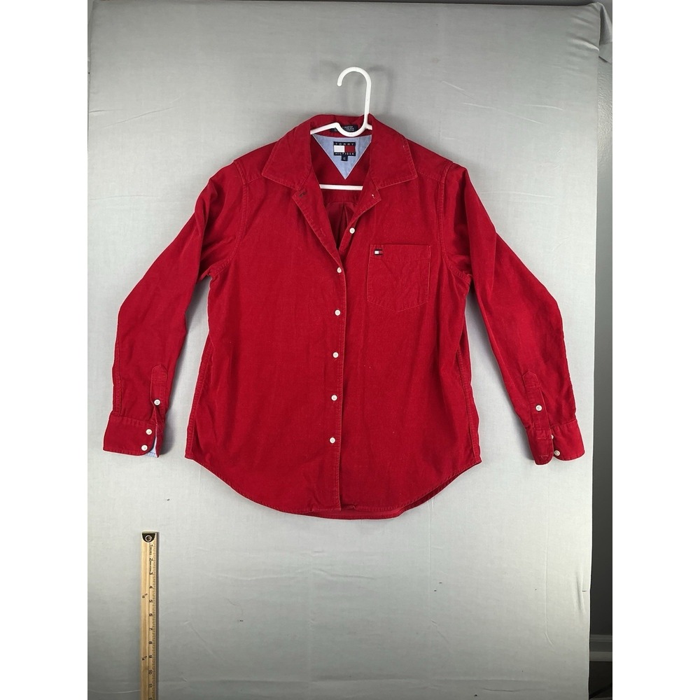 Tommy Hilfiger Womens 6 Red Corduroy Button Up Shirt Flag Logo Vintage
